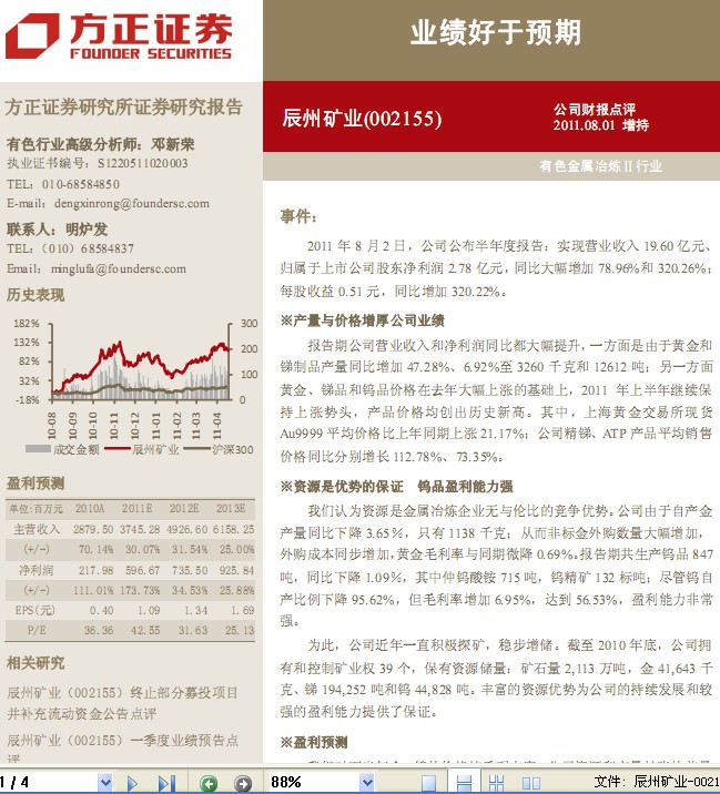 辰州礦業(yè)-002155-業(yè)績好于預期