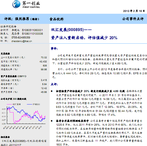 雙匯發(fā)展-000895-資產(chǎn)注入重新啟動(dòng),評(píng)估值減少20%