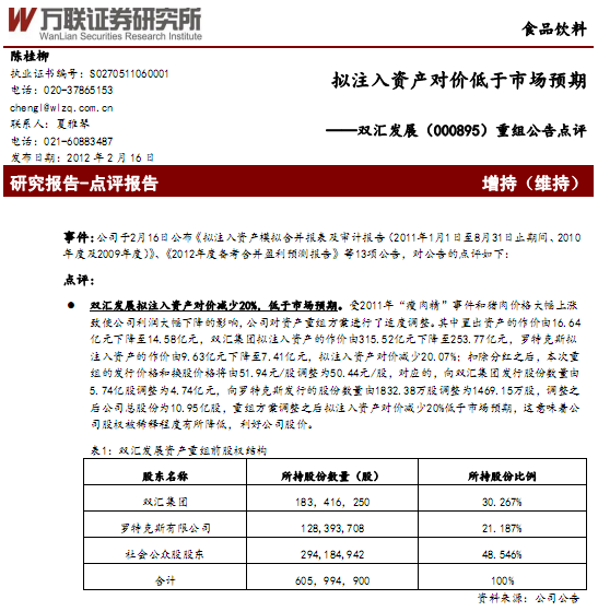 雙匯發(fā)展-000895-重組公告點評:擬注入資產(chǎn)對價低于市場預(yù)期