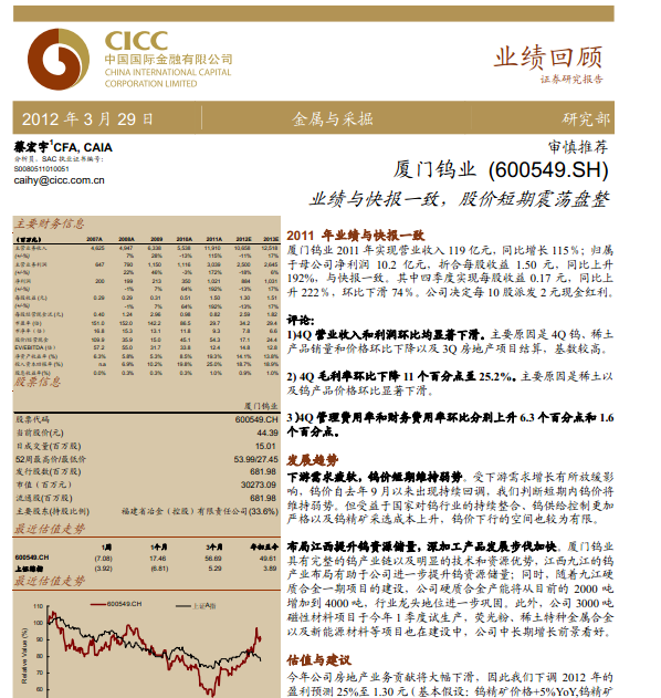 廈門鎢業(yè)-600549-業(yè)績與快報(bào)一致,股價(jià)短期震蕩盤整