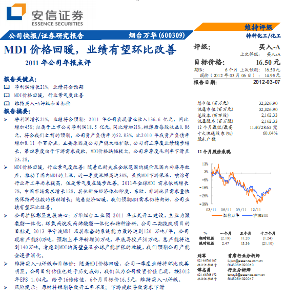 煙臺(tái)萬(wàn)華-600309-mdi價(jià)格回暖,業(yè)績(jī)有望環(huán)比改善